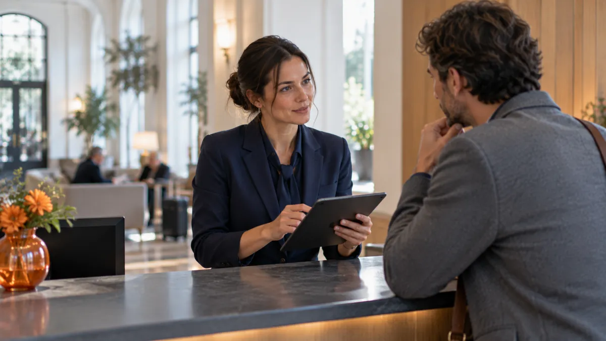 KI-Foto: Rezeptionistin mit Tablet im Gespräch mit einem Gast, Hotellobby, Tageslicht